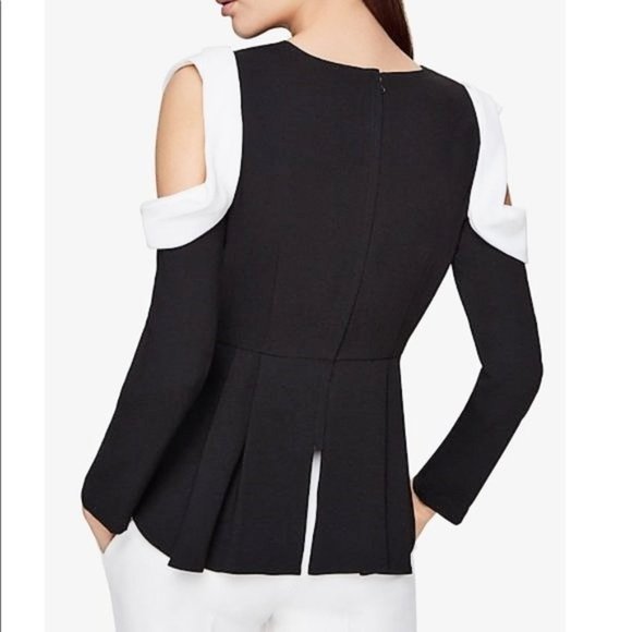 BCBGMaxAzria Colour-Block Cold-Shoulder Long-Sleeve "Shannen" Peplum Top XXS - Picture 4 of 16